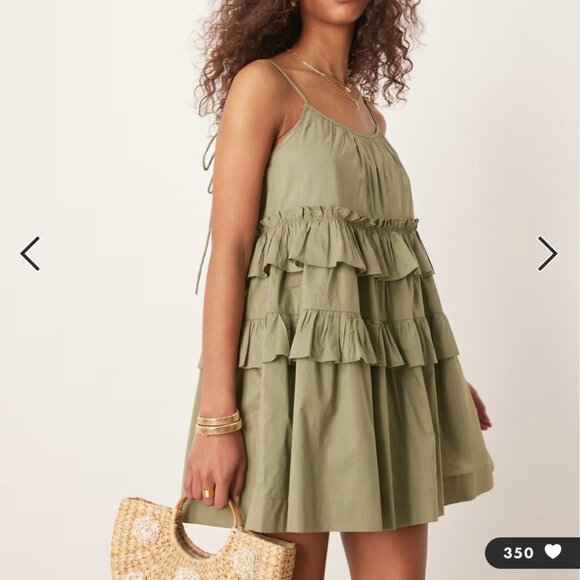 NEW ASOS DESIGN ruffle tiered mini dress in khaki - Picture 2 of 8